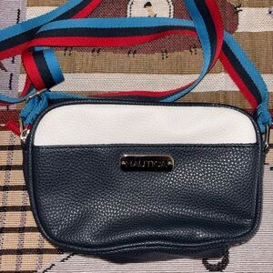 Nautica Navy and White Pebbled Leather Crossbody with Striped Web Strap